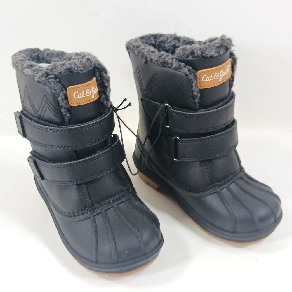 Cat & Jack Toddler Boys Black Winter Snow Boots Faux Fur Lined Size 10 Hook Loop